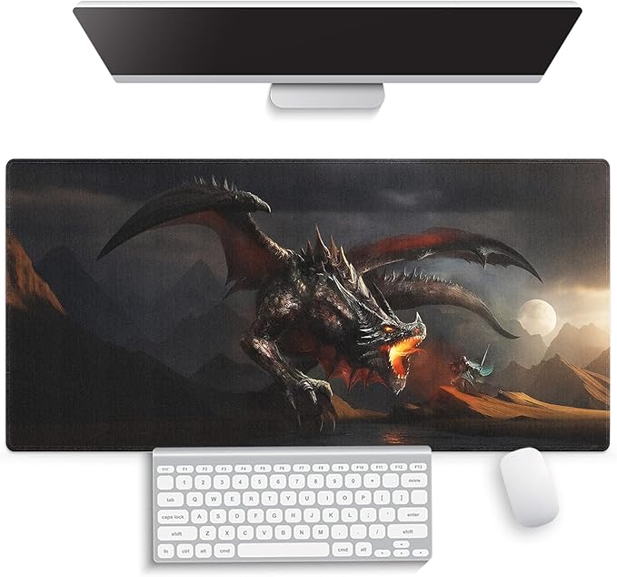 Large Gaming Mouse Pad (31.5" x 15.8") - Fantasy Scene Knight Fighting Dragon, Extra XXL Extended Office Accessories, Premium Stitched Anti-Slip Desk Mat