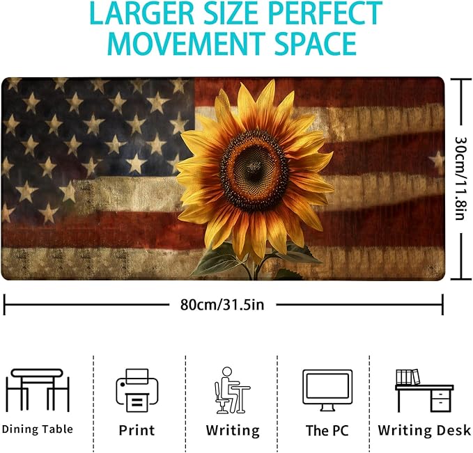 Gaming Mouse Pad, American Flag Sunflower Mouse Pad, Desk Mat, Non-Slip Rubber Base MousePads for Computers Laptop Office School Home Accessories Decor 31.5" x 11.8"