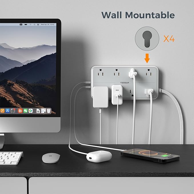 TESSAN Power Strip Surge Protector, 15FT Flat Plug Extension Cord with 8 Outlets 3 USB Charger(1 USB C), 1080 Joules Protection, Wall Mountable Charging Station for Home Office Dorm, Gray