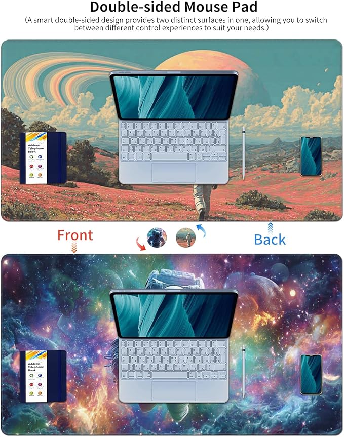 AQQA Dual-Sided Mouse Pad, Large Astronaut Desk Mat, XL Galaxy Gaming Keyboard Mat, Waterproof Big Extended Desk Protector for Home Office, 31.5”x15.7”