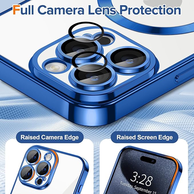 Hython Magnetic Clear for iPhone 15 Pro Case with Camera Lens Protector [Compatible with MagSafe] Luxury Plating Edge Slim Soft TPU Cover Protective Phone Case for iPhone 15 Pro 6.1", Deep Blue