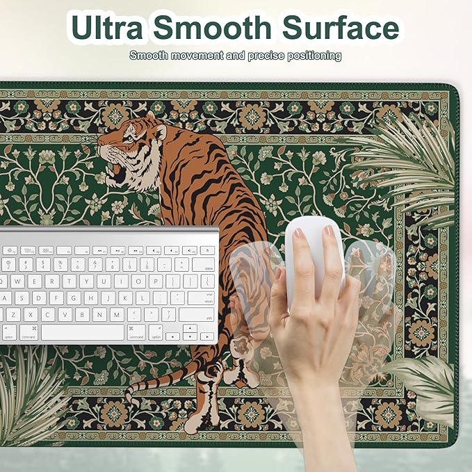 Desk Pad Mat, Stitched Edges Cute Desk Mat, Non-Slip Tiger Desk Mat Gaming, Smooth Green Mouse Pad, Soft Desk Cushion for Office Home 35.4 x 15.7 Inches (Green)
