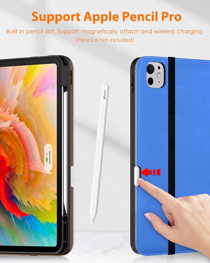 DTTO for iPad Pro 13 inch Case (M5/M4) 2025/2024, Premium Leather Business Folio Stand Cover with Pencil Holder - Auto Wake/Sleep & Multiple Viewing Angles, Built in Hand Strap & Pocket, Royal Blue