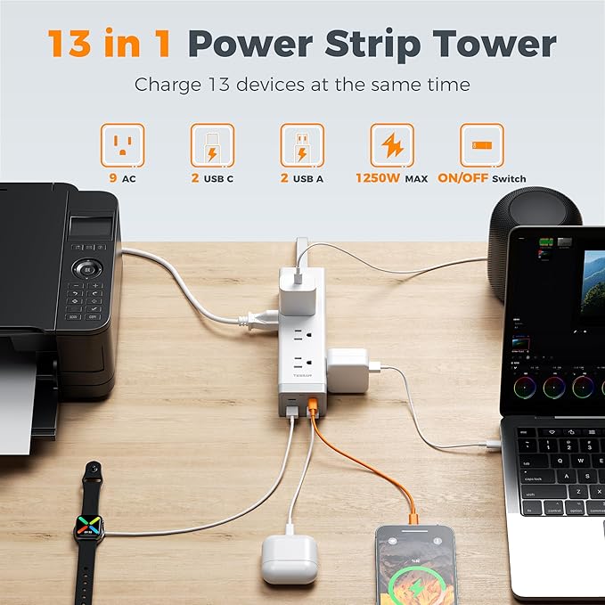 TESSAN Surge Protector Power Strip PD 20W, Ultra Thin Flat Plug 15 FT Extension Cord, 9 Outlets 4 USB(2 USB C), 1050J Protection Multiple Outlets Charging Station for Home, Office, College Dorm Room