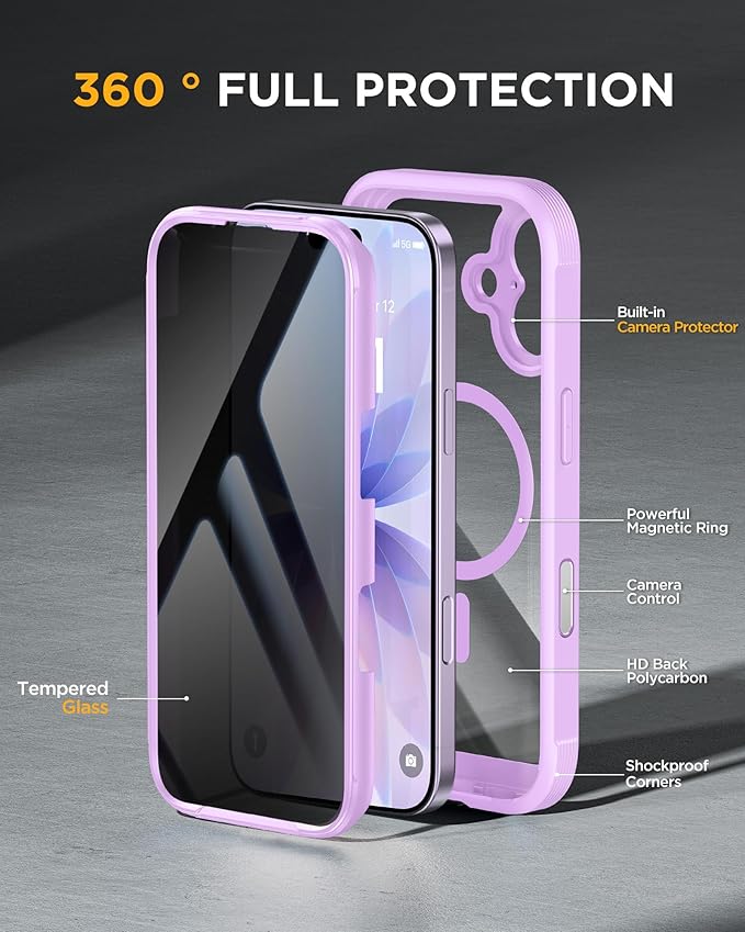 Miracase Magnetic for iPhone 17 Case with Privacy Screen Protector [Compatible with MagSafe],Full Camera Protection and Full Body Shockproof Bumper 17 Phone Cover 6.3", Taro Purple
