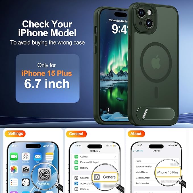Magnetic Compatible with iPhone 15 Plus Case, [Built-in Kickstand][Full Camera Protection][Compatible with MagSafe][Anti-Fingerprint] Shockproof Phone Case for iPhone 15 Plus 6.7",Green