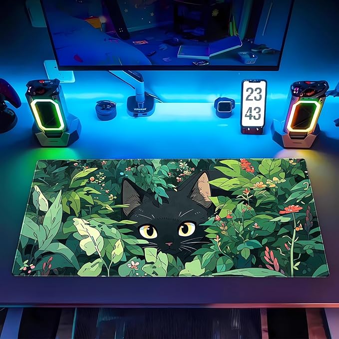 Black Cat Mouse Pad Cute Gaming Mousepad XL Kawaii Computer Mat 31.5 x 15.7 in Full Desk Mouse and Keyboard Pad Green Desk Mat with Stitched Edge Anti-Slip Washable for Office and Home