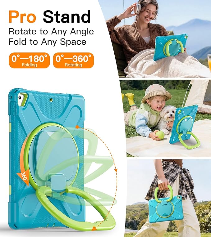 BATYUE Case for iPad 6th Generation 9.7 inch 2018, iPad 5th Gen 2017, iPad Air 2/ iPad Pro 9.7'',Shockproof Protective Cover with Pencil Holder &Rotating Bracket &Shoulder Strap (Light Blue+Lime)