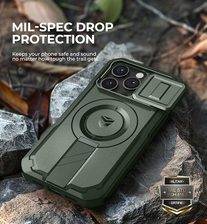 Dexnor for iPhone 14 Pro Case with Slide Camera Cover & Adjustable Kickstand & Built-in Screen Protector, Magnetic Rugged Shockproof Bumper Cases Heavy-Duty Magnetic Protective Cover,Army Green