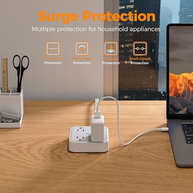 TESSAN Ultra Thin Flat Extension Cord 5 FT, Slim Power Strip with USB Ports (1 USB C), Surge Protector Flat Plug Wall Charger with 3 Outlets for Office, School, Dorm Room Essentials, White