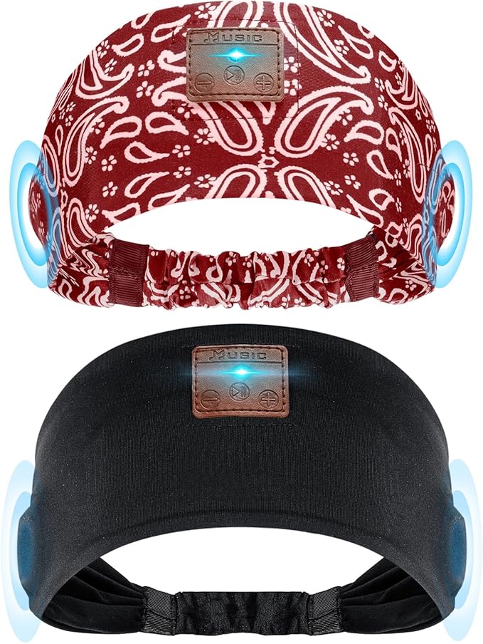 2-Pack Sleeping Headphones, Headband Headphones with Ultra-Thin HD Stereo Speaker, Bluetooth Headband for Sports, Workouts, Insomnia, Yoga, Air Travel, Meditation - Black&Pattern Red