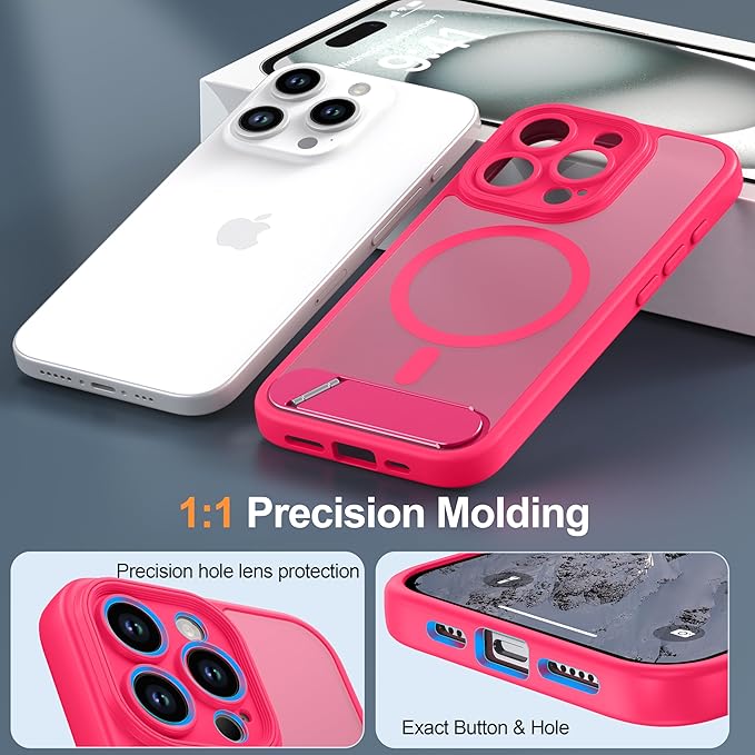 Magnetic Compatible with iPhone 15 Pro Case, [Built-in Kickstand][Full Camera Protection][Compatible with MagSafe][Anti-Fingerprint] Shockproof Phone Case for iPhone 15 Pro 6.1",Hot Pink