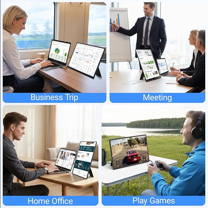 Portable Monitor, 16" 1200P FHD Laptop Screen Extender, 360° Rotating Stand, Dual USB-C HDMI Portable Second Monitor, Built-in Speakers, Plug & Play Travel Monitor for Laptop Mac Windows