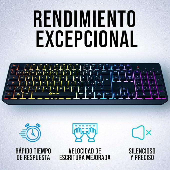 KLIM Chroma Wireless Spanish (España) Keyboard, RGB Backlit Wireless Keyboard, Rechargeable Battery, Quiet, Water-Resistant, Plug & Play for PC, Mac, PS4/PS5