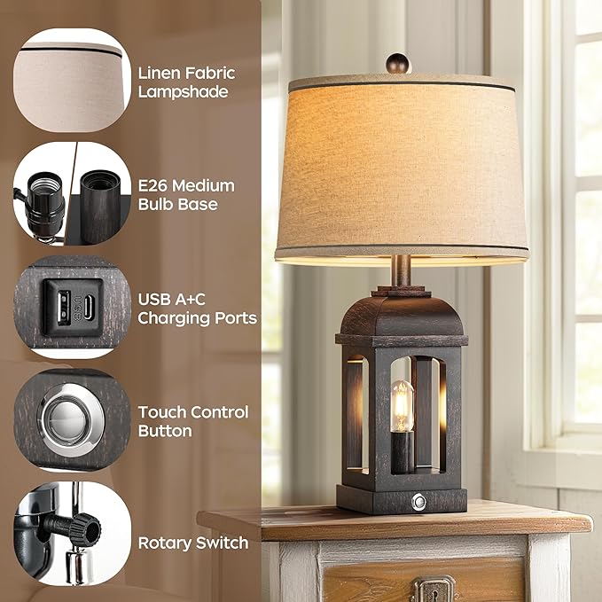 QiMH Table Lamp for Living Room, Farmhouse Lamps Set of 2 with USB A+C and Nightlight, 26" Rustic Bedside Lamps with 3-Way Dimmable, Touch Nightstand Lamp for Bedroom, Bronze