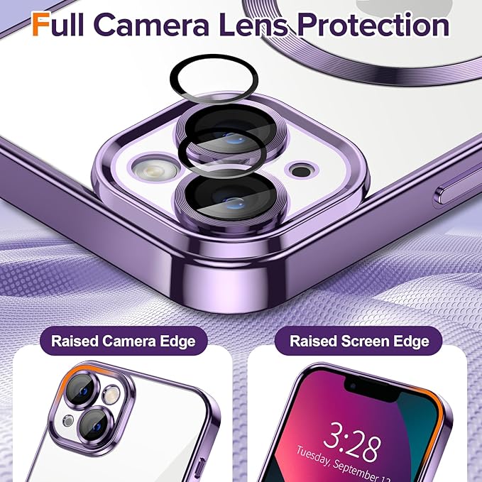 Hython Magnetic Clear for iPhone 13 Case with Camera Lens Protector [Compatible with MagSafe] Luxury Plating Edge Slim Soft TPU Cover Protective Phone Case for iPhone 13 6.1", Deep Purple
