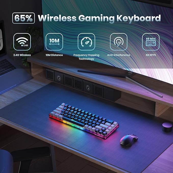 GEODMAER 65% Wireless Gaming Keyboard, Rechargeable Backlit Gaming Keyboard, 68 Keys Ultra-Compact Anti-ghosting No-Conflict Wireless Keyboard for PC Laptop Windows Gamer(Black-Grey)