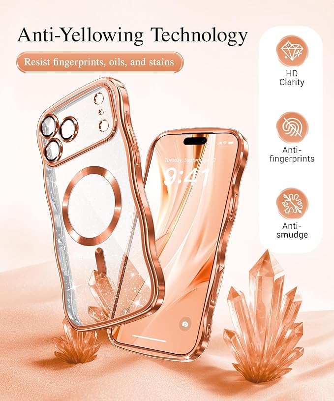 GVIEWIN for iPhone 17 Pro Case Compatible with MagSafe, Upgraded [Full Camera Protection][Cute Wave Frame][Military Grade Protection] Electroplated Hard Phone Cover for Women Girl, Glitter/Orange
