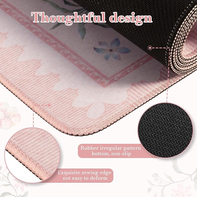 iCasso Pink Desk Cover Mat,Big Mouse Pad for Laptop,Aesthetic Computer Pad with Stitched Edges,Non Slip Keyboard Mat for Desktop,Cute Floral Desk Protector for Office Home Dorm