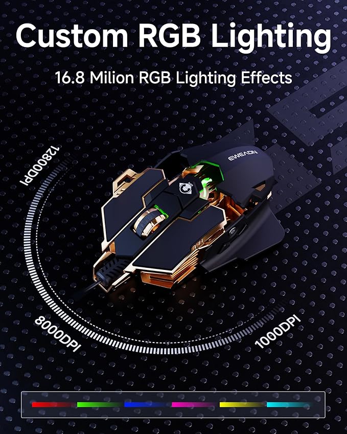 SEUNKWANG EWEADN G5 Wired Gaming Mouse, Ergonomic RGB Computer Mouse, 12800 Adjustable DPI, 9 Programmable Macro Buttons with Rapid Fire Key Compatible for PC/Laptop/Windows- Black&Gold