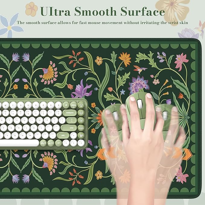 HAOCOO Moss Green Aesthetic Desk Matt for Desktop, Cute Mouse Pad, Non-Slip Vintage Keyboard Mat with Stitched Edge, Large Desk Docer Mat, Desk Cover for Home, Office