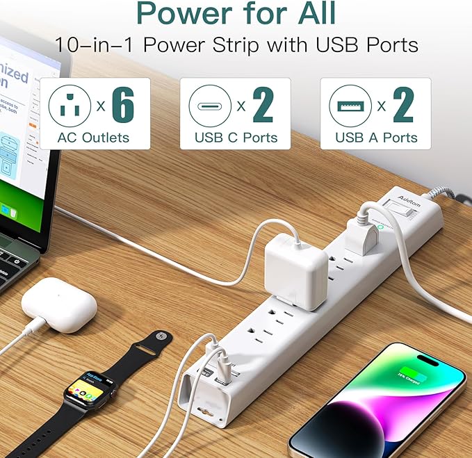Addtam Power Strip Surge Protector - 15ft Long Extension Cord with 6 Outlets and 4 USB Ports (2 USB C), Ultra Flat Plug Wall Mount, Heavy Duty Charging Station for Home Office Dorm
