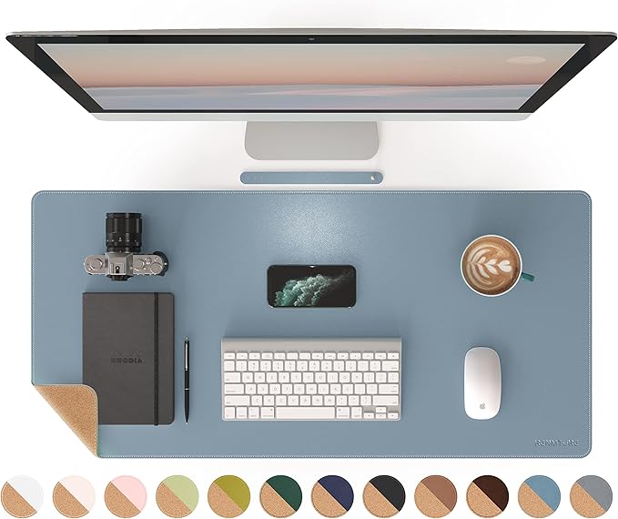RENMTURE Dual-Sided Mouse Pad, Natural Cork & PU Leather Large Desk Pad for Office and Home Work, Desk Protector Non-Slip, Waterproof, Easy Clean (Blue Gray, 36"x17")