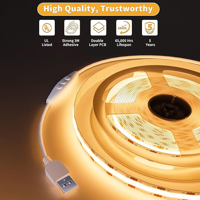 PAUTIX 5V USB COB LED Strip Light 6.56ft/2m 1200lm, Dimmable 640LEDs 2700K Warm White CRI90+ with RF Remote TV Backlight,Flexible Under Cabinet Tape Light for Bedroom,Kitchen,Home DIY Lighting