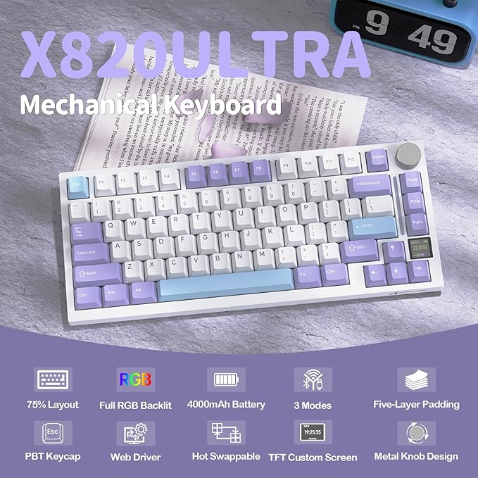 ATTACK SHARK X820 Ultra 75% Wireless Gaming Mechanical Keyboard Hot-Swappable Gasket Mount RGB Backlit BT/2.4G/Wired Custom Keyboard with Smart TFT Display&Knob QMK Driver-Starlight White&Gift Switch