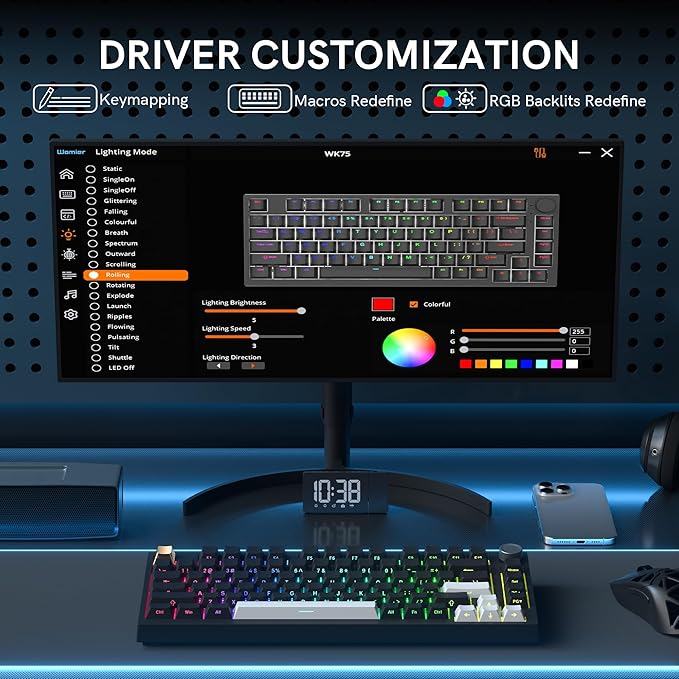 Keymatic Wireless Mechanical Keyboard,75% Hot Swappable Custom Keyboard with Knob,RGB Backlit,Side Printed PBT Keycaps,2.4GHz/USB-C/BT5.0 Mechanical Gaming Keyboards