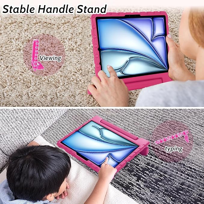 Dteck Kids Case for iPad Air 11" M2 2024, iPad Pro 11" Case 2024, Lightweight Shockproof Rugged EVA Kids Friendly Handle Kickstand Child Proof Protective Case with Pencil Holder, Rose