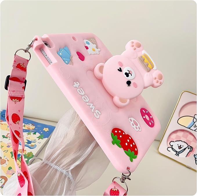 for iPad 9th/8th/7th Generation Case Kids - 10.2 inch Soft Silicone iPad Air 3rd Gen 10.5"(2019) Cover with Pencil Holder,Shoulder Strap & Stand for School,Cute Bear Gift for Teen Girls