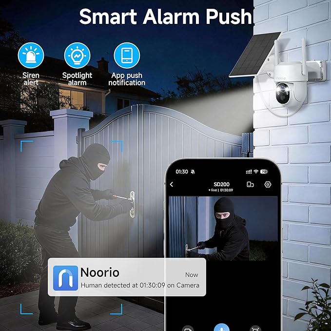 Noorio Solar Security Cameras Wireless Outdoor, 5G & 2.4G WiFi Cameras for Home Security, 1080P Battery Powered Outdoor Camera, Expandable Local Storage, AI Human Detection, Color Night Vision, SD200
