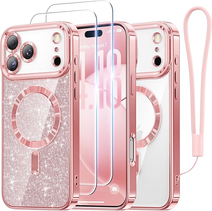 Meifigno Designed for iPhone 17 Pro Case 6.3", [Glitter Card & Wrist Strap][Compatible with MagSafe][2X HD Screen Protectors] Surround Raised Lens Protection for 17 Pro Phone Case for Women, Rose Gold