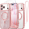 Meifigno Designed for iPhone 17 Pro Case 6.3", [Glitter Card & Wrist Strap][Compatible with MagSafe][2X HD Screen Protectors] Surround Raised Lens Protection for 17 Pro Phone Case for Women, Rose Gold
