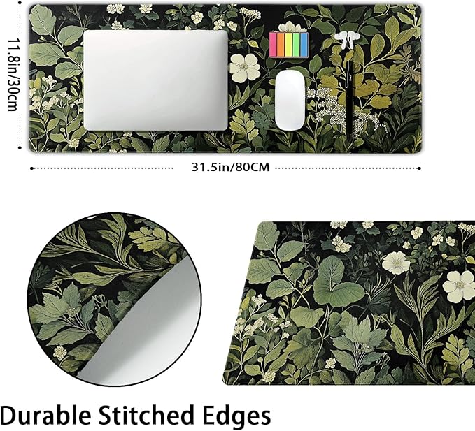 Green Leaves Mouse Pad XL Botanical Plants Beige Floral Extended Table Mat 80X30 cm Non-Slip Rubber Base Stitched Edge Large XL Mousepad for Desk Gaming Laptop Desk Top,31.5×11.8 Inch