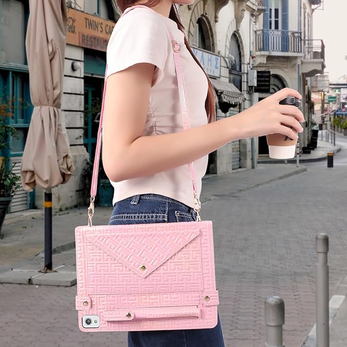 Shiny Case for iPad 6th/5th Gen 9.7 Inch (2018/2017), iPad Pro 9.7"/Air 2, Techcircle Crossbody Iridescent Folio Stand Multi-Pocket Wallet Case with Pencil Holder+Hand/Shoulder Strap, Shiny Pink