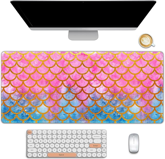 ARTSO Extended Big Mouse Pad Large, XXL Gaming Mousepad Desk Pad, 35.1x15.7 inch Long Computer Keyboard Mouse Mat Stitched Edge Non-Slip Desk Decor for Home Office, Pink Scale