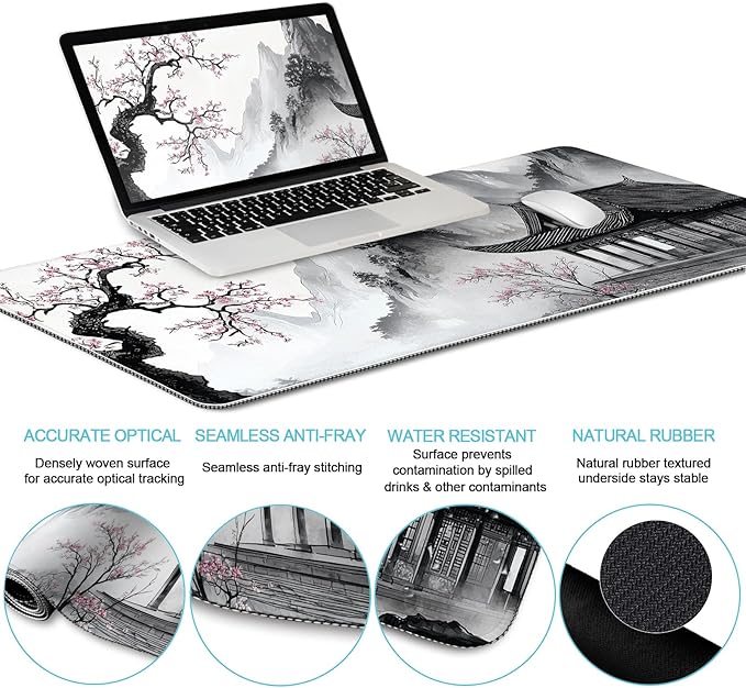 LIMKRIAN Japanese Ergonomic Mouse Pad Large Desk Mat Set, XXL Anime Mousepad with Wrist Rest, Wrist Support Gaming Keyboard Mat Cup Coaster Set, Japanese Style Office Desk Accessories Decor