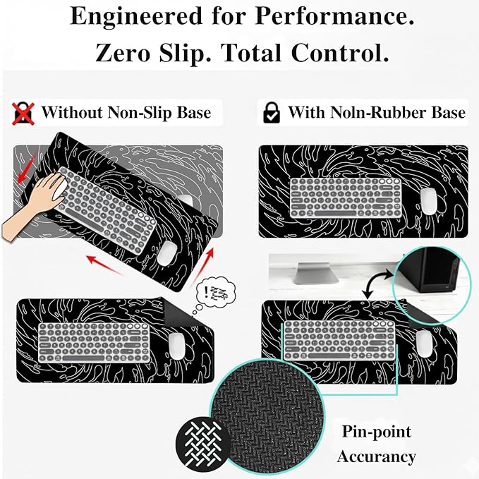 Gaming Mouse Pad L (31.5x11.8in) - Black Abstract Line Art Waves, Dark Japanese Doodle Design - Desk Mat for Gamers