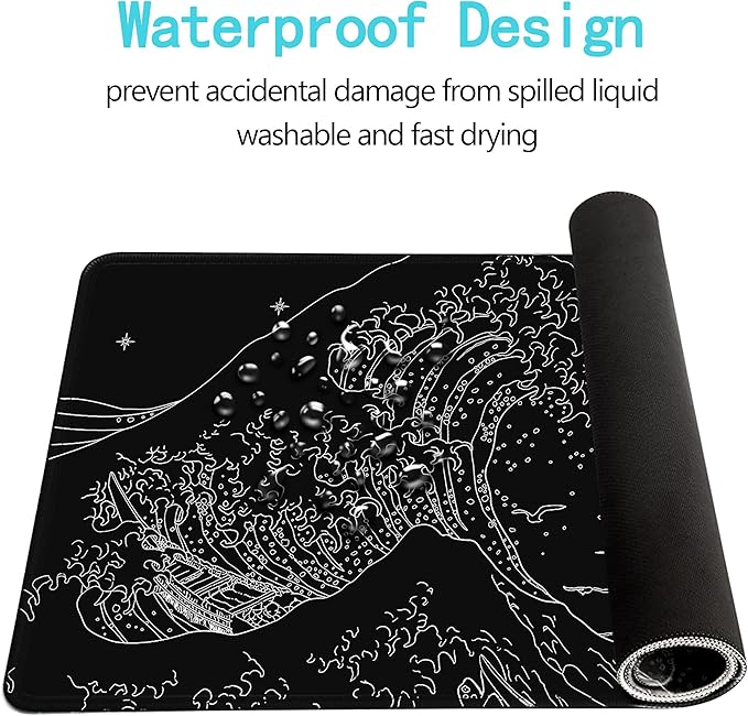 MEWOOCUE® Large Gaming Mouse Pad for Computer,Black Japanese Sea Wave Anime Mouse Mat,Long XXL Waterproof Keyboard Pads,Big Non-Slip Mouse Pads for Game Office Home（15.7 x 35.4 in）