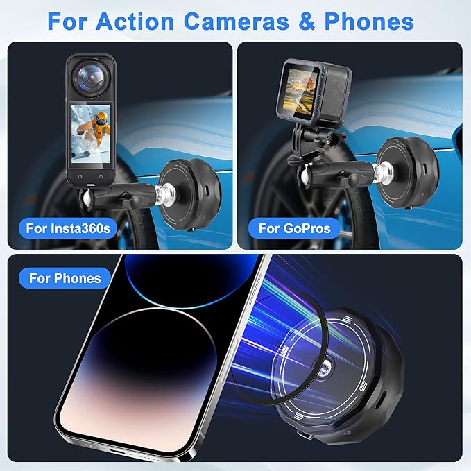 Electric Suction Cup Mount for Insta360 X5 X4 for GoPro 13 12 11 10, Strong Magnetic Vacuum Suction Camera Mount with 1/4 Thread for Action Camera Accessories, Quick Release Button, Phone Metal Ring