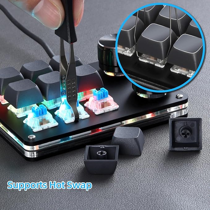 Koolertron Macro Programmable Keypad, One Handed Programmable Mechanical Keyboard, RGB Blue Switch Hot Swappable, 9 Keys 2 Knob Backlit Keypad for Working and Gaming, Black