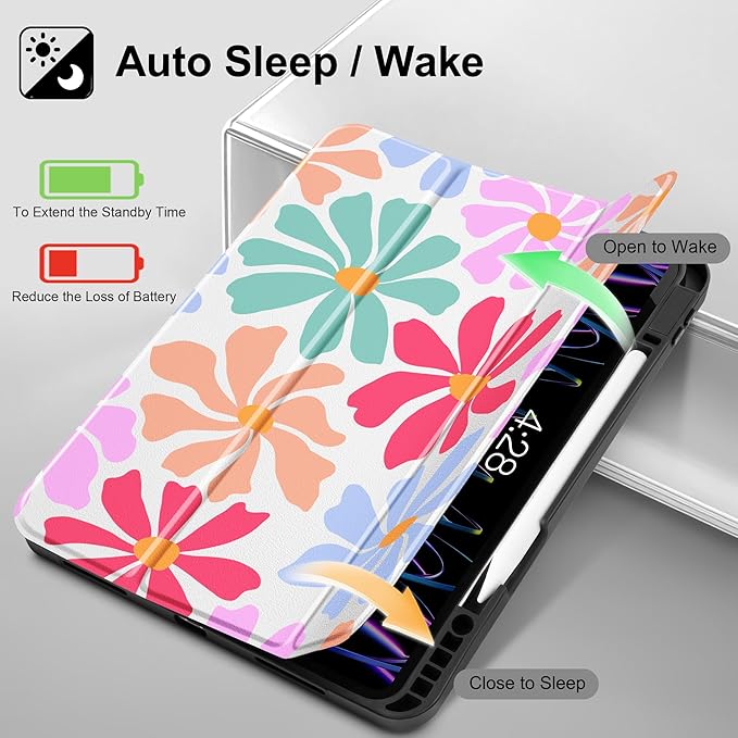 May Chen for iPad Pro M2 12.9 Case 6th/5th/4th/3rd Generation 2022 2021 2020 2018 Trifold Stand + Pencil Holder + Auto Wake/Sleep + Soft TPU Protective Stand Back Cover, Groovy Flower