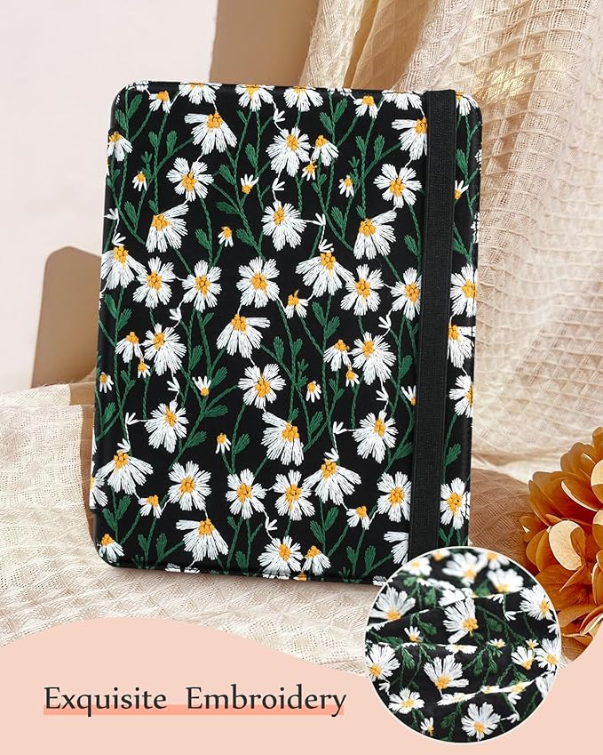 Uppuppy for Samsung Galaxy Tab A9 Plus Case 11'' - Women Girls Cute Embroidered Folio Stand Cover with Pencil Holder & Card Slot Girly Black Daisy Floral Design Aesthetic Cases for Samsung Tab A9 Plus