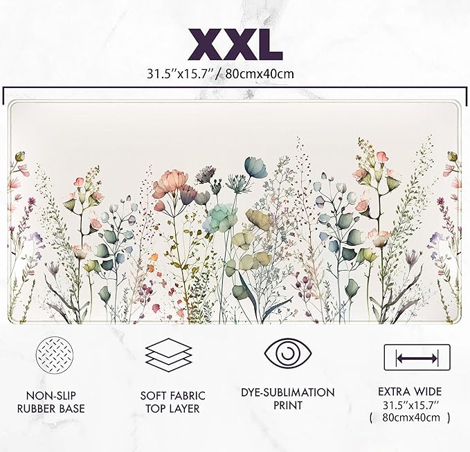 Floral Desk Mat Beige Boho Desk Pad, Large Extend Mouse Pad XXL, Cute Minimalist Flowers Keyboard Mat, Esthetics Desktop Mat Laptop Wireless Mouse Mat for Desk, Gift for Women 31.5"x15.75"