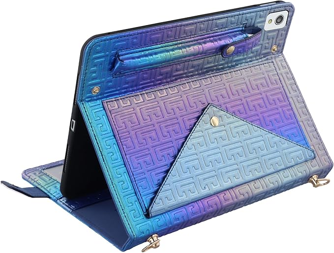 Shiny Case for iPad 6th/5th Gen 9.7 Inch (2018/2017), iPad Pro 9.7"/Air 2, Techcircle Crossbody Iridescent Folio Stand Multi-Pocket Wallet Case with Pencil Holder+Hand/Shoulder Strap, Shiny Indigo