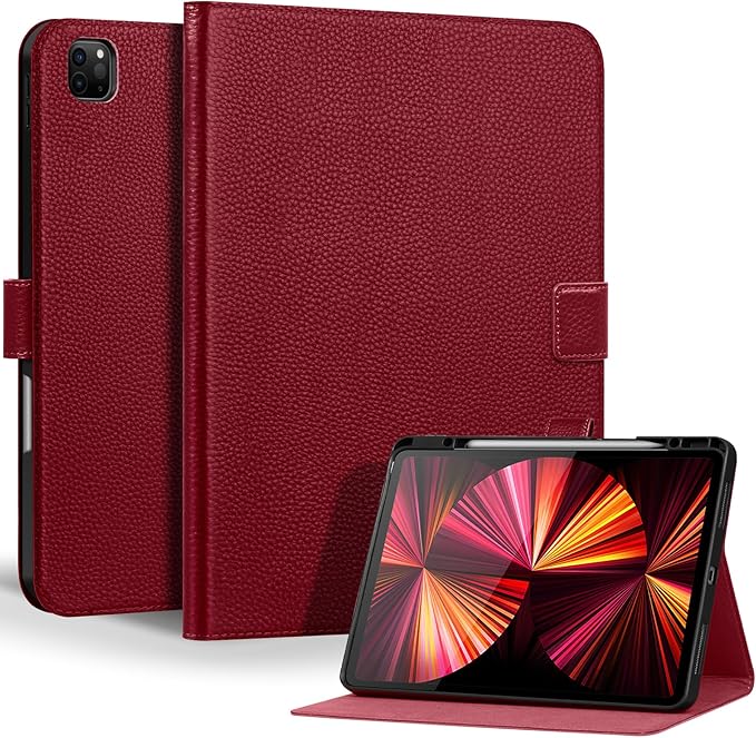 Genuine Leather Case for iPad Pro 12.9 inch 6th/5th/4th/3rd Generation 2022/2021/2020/2018 | with Pencil Holder and Adjustable Stand, Magnetic Closure, Auto Wake/Sleep Cover | Wine Red