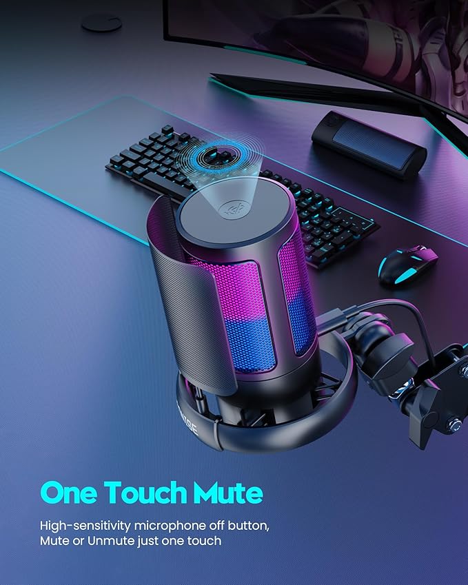 COCONISE Gaming Microphone, USB PC Mic for Podcasts Videos, Streaming, Condenser Mic with Quick Mute, Tripod Stand, Pop Filter, RGB Indicator, Shock Mount, Rotate gain button, Compatible with PS4/5/PC