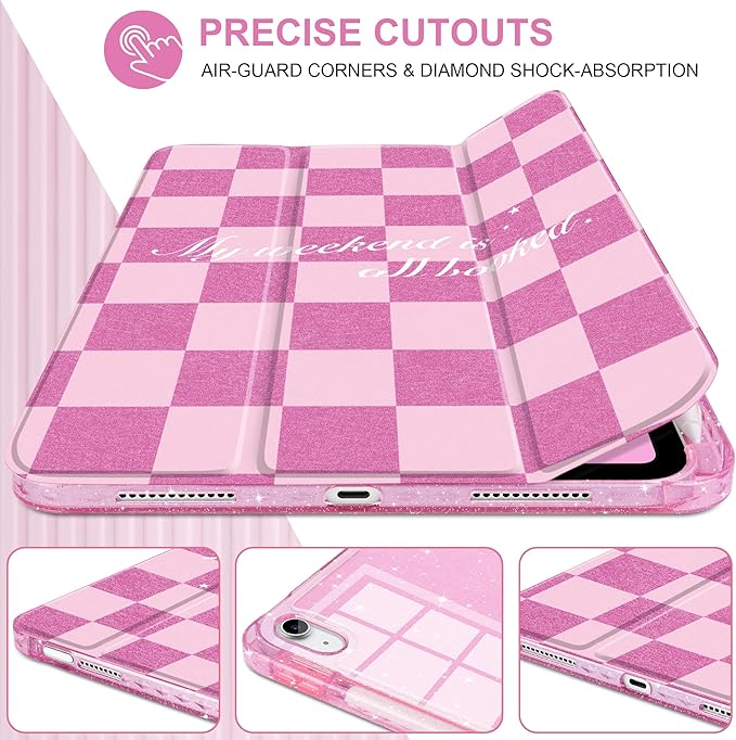 DONGKE for iPad Pro 11 inch Case – Fits M5 2025 / M4 2024, Shockproof Sparkling Glitter Acrylic Back, Pencil Holder, Trifold Stand, Auto Sleep/Wake & Touch ID Support - Pink Checkerboard